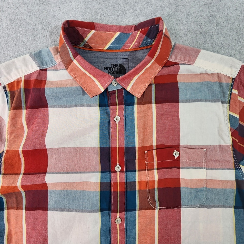 The North Face Shirt Mens XL Orange Red White Madras Short Sleeve Button Up